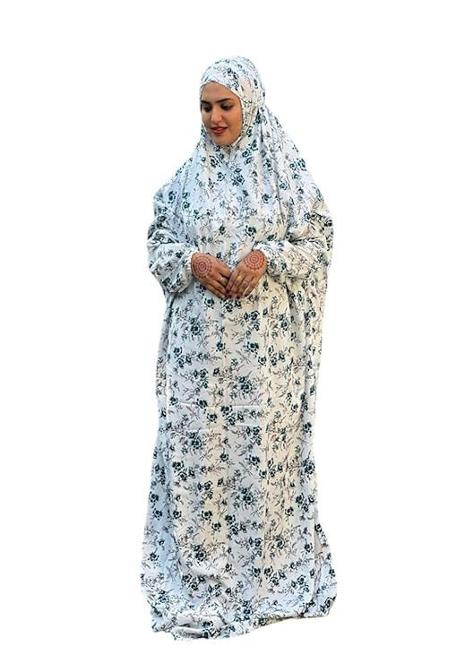 White Islamic Prayer Dress with Green Floral Print – Free size crepe jilbab with hijab for women’s namaz