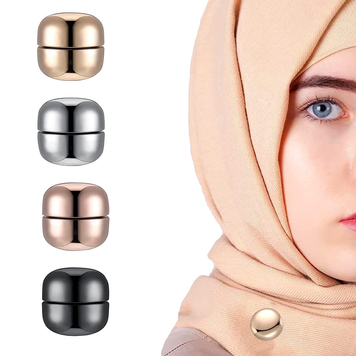 4 Pairs Hijab Magnetic Pins – Strong Fabric-Safe Pinless Clips in Black, Gold, Silver, and Rose Gold