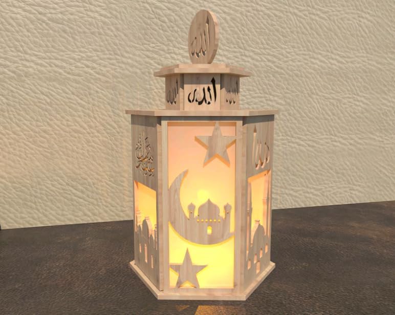Islamic Wooden Tealight Lamp - Lantern with mosque design and Arabic calligraphy, perfect for Eid and home décor
