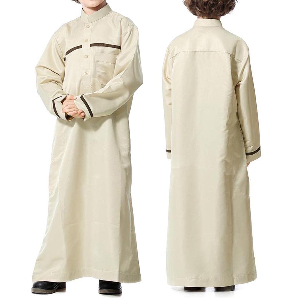 Muslim Arab boy wearing a long sleeve thobe caftan with mandarin collar, ankle-length design in soft polyester-cotton fabric
