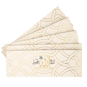 Mini Qur'an with pink velvet cover, golden brass cutout, and Indo-Pak script. Includes a box and details of Allah's names mentioned in each Surah.