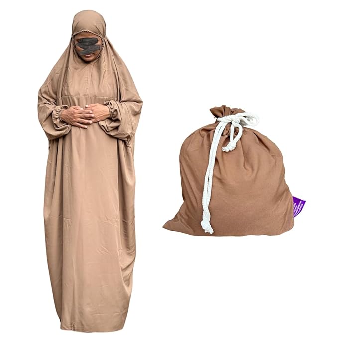 Islamic Prayer Dress for Women- Free Size, Muslim Dress with Hijab, Jilbab/Niskarakuppayam/Namaz Khimar/Prayer Clothes Niqab Khimar, Islamic Premium Prayer Clothes, Light Coffee Color