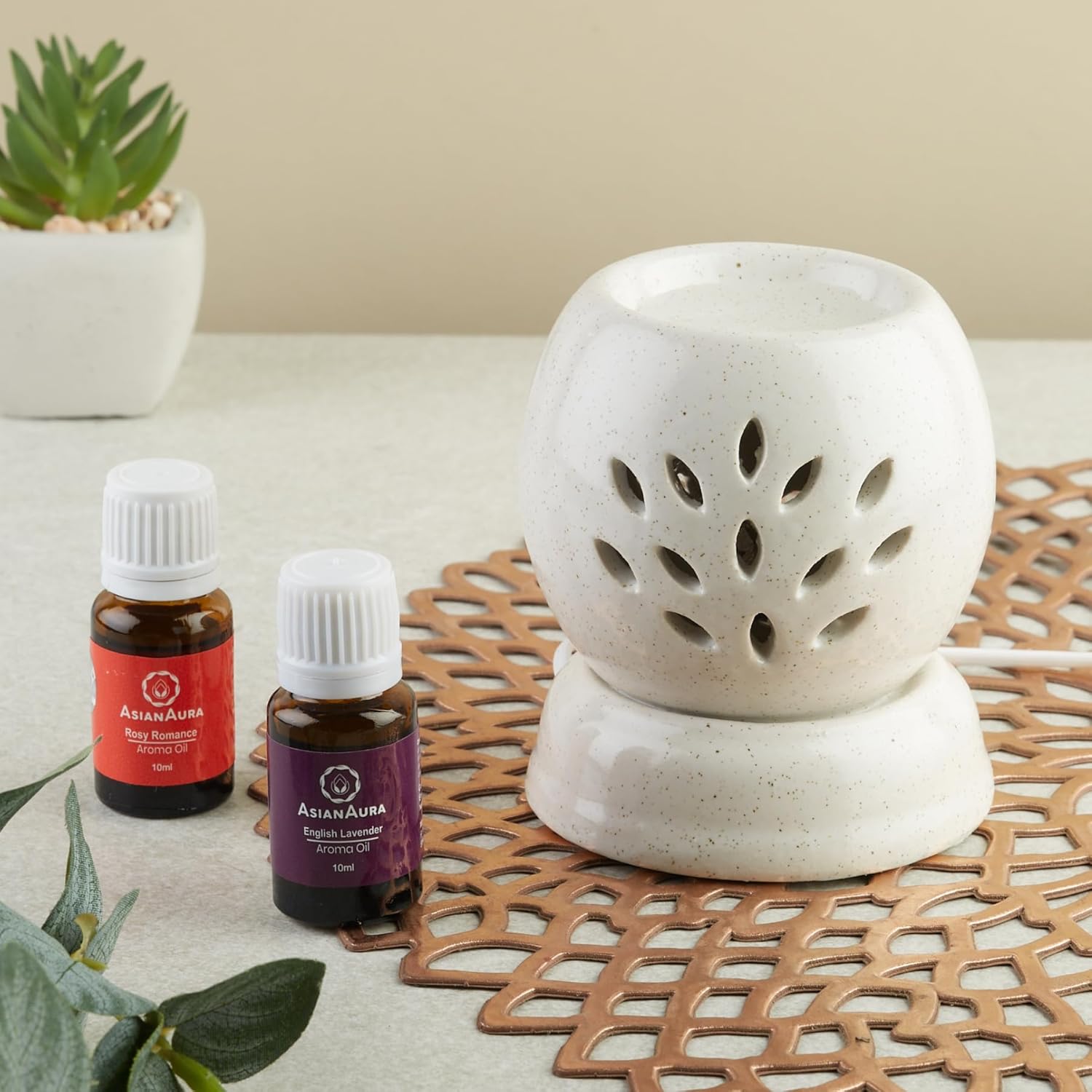 Asian Aura Handcrafted Ceramic Electric Round Shaped Aroma Diffuser| Aroma Oil Burner for Aromatherapy| Home Decor and Fragrance with Aroma Oils (English Lavender & Rosy Romance Fragrance 10ml Each)