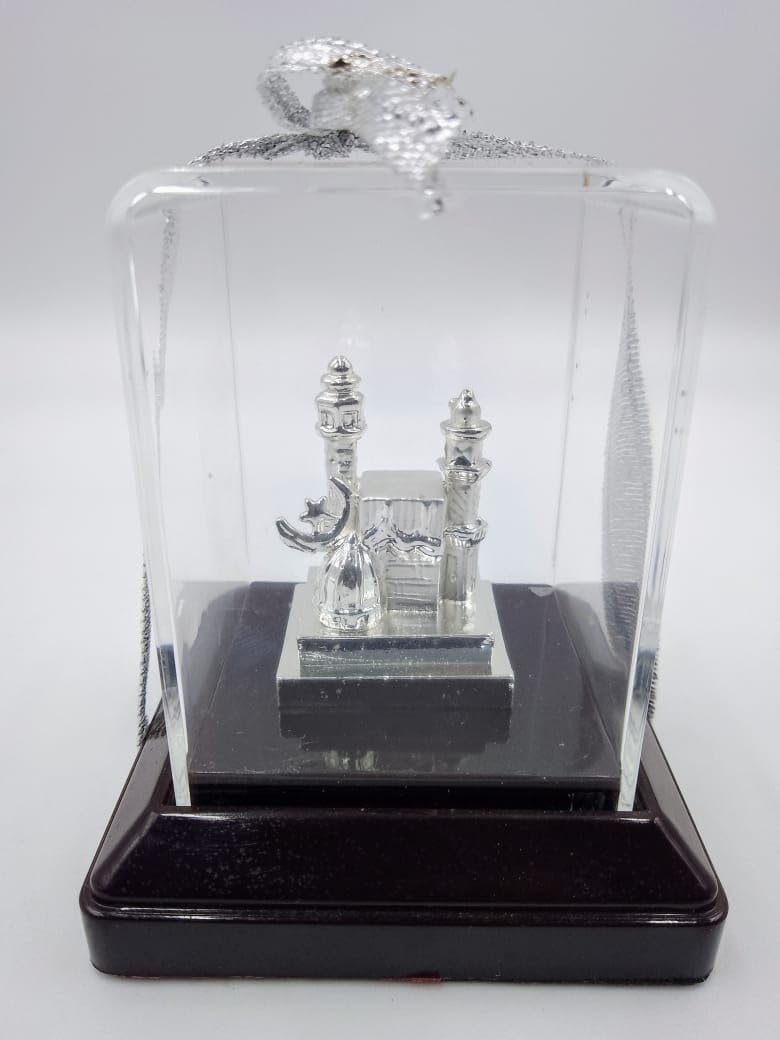 Elegant Mecca Showpiece | Showcased in Transparent Enclosure | Ideal Islamic Decor for Home or Office (Silver)
