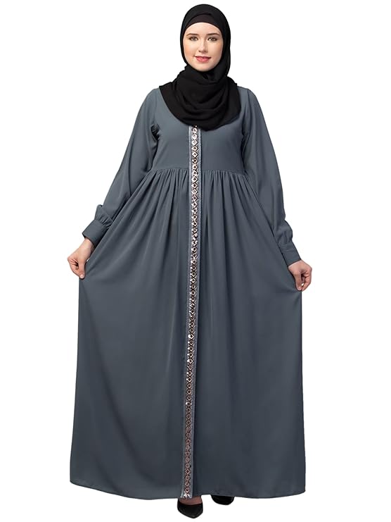 Muslim Closet Women's Front Open Abaya Dress with Lace Work at front and on Sleeves