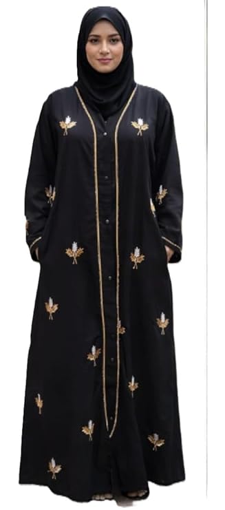 Women's Pure Cotton Abaya Burkha with Dupatta Dubai Style Embroidery Irani Burkha with Dupatta Open Front Abaya with Inner Dress & Hijab (Free Size)